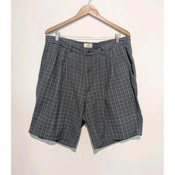 Vintage GAP Mens Pleated Cotton Shorts 36 Blue Green Plaid Preppy 80s Golf - Picture 1 of 4